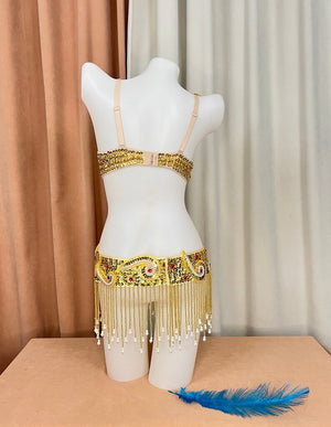 Women's Gold and Red Sequin Beaded Fringe Belly Dance Costume Set