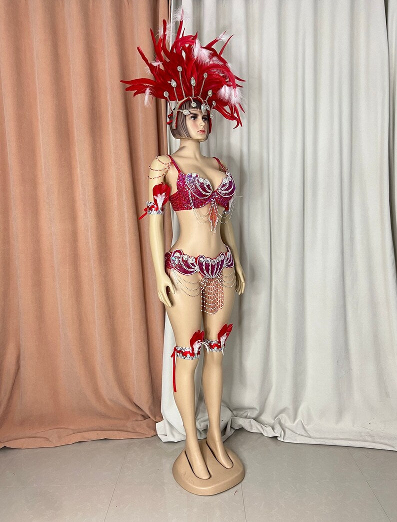 Carnival Samba Dance Costume, Women's Blue & White Sequin Feathered Headdress Bra Skirt Set, Latin Dancewear