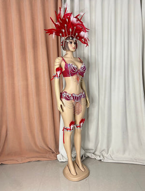 Carnival Samba Dance Costume, Women's Blue & White Sequin Feathered Headdress Bra Skirt Set, Latin Dancewear