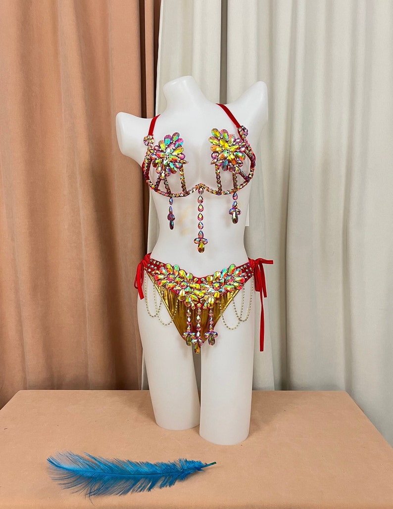 Women's Gold & Red Rhinestone Embellished Halter Bikini Set with Dangles, Belly Dance/Carnival Costume