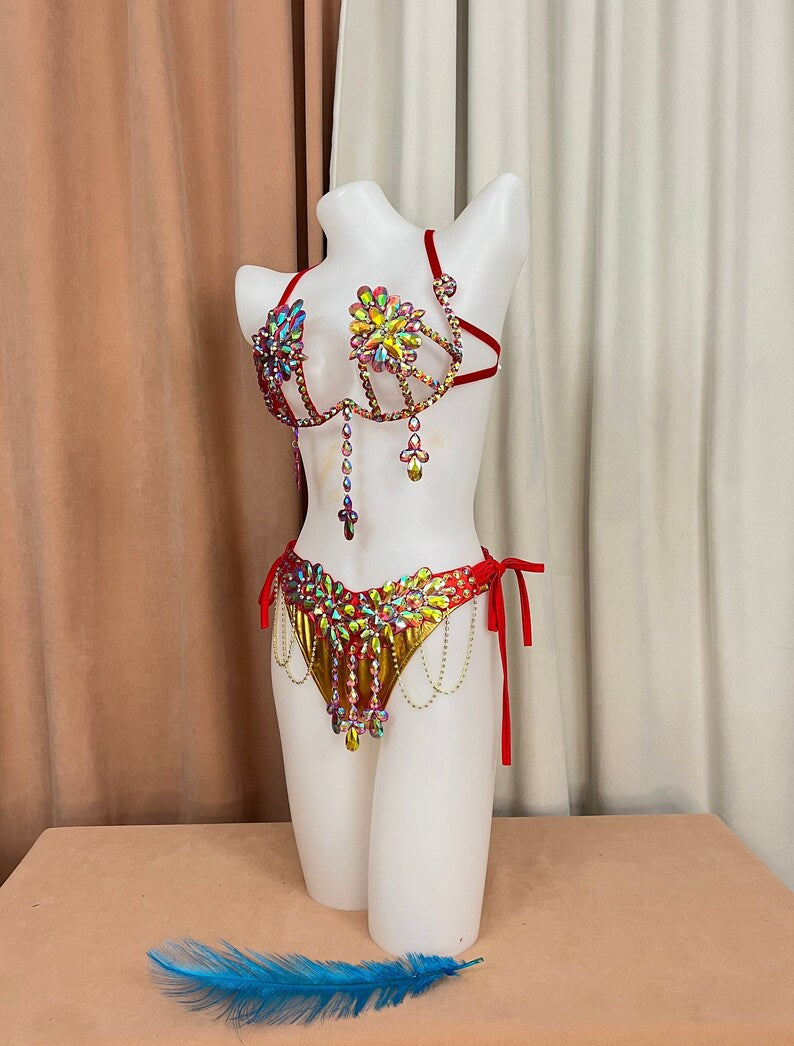 Women's Gold & Red Rhinestone Embellished Halter Bikini Set with Dangles, Belly Dance/Carnival Costume
