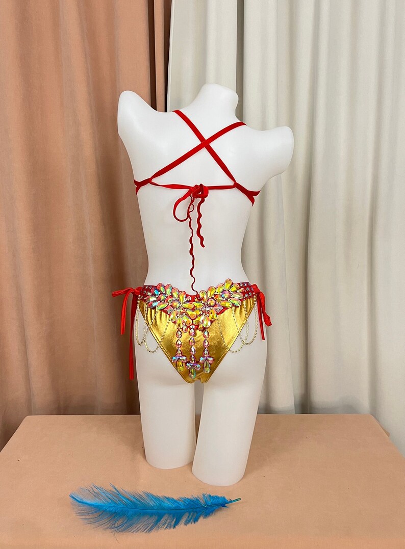 Women's Gold & Red Rhinestone Embellished Halter Bikini Set with Dangles, Belly Dance/Carnival Costume