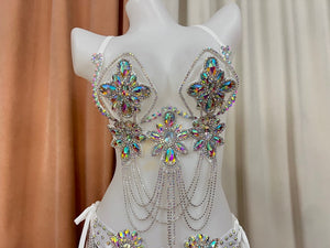 Women's White Iridescent Rhinestone Crystal Chain Fringe Belly Dance Bra and Skirt Set