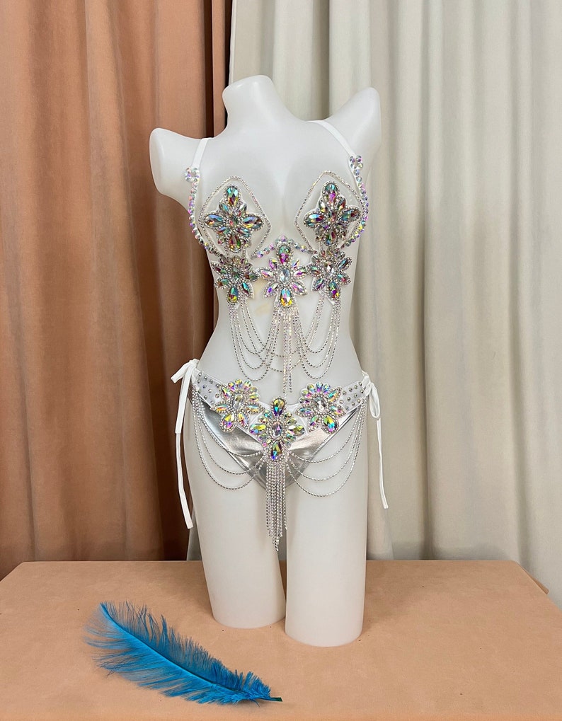 Women's White Iridescent Rhinestone Crystal Chain Fringe Belly Dance Bra and Skirt Set
