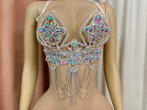 Dance Bra Top, Women's, White, Iridescent Rhinestone Beaded Sequin Chain Fringe, Latin Dance