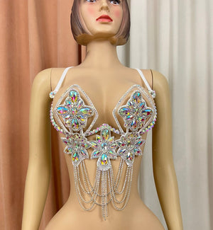 Dance Bra Top, Women's, White, Iridescent Rhinestone Beaded Sequin Chain Fringe, Latin Dance