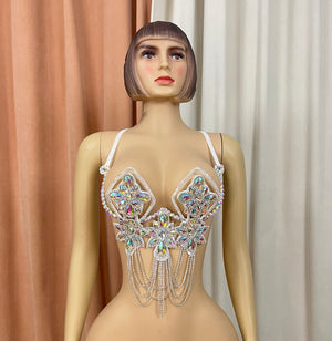 Dance Bra Top, Women's, White, Iridescent Rhinestone Beaded Sequin Chain Fringe, Latin Dance