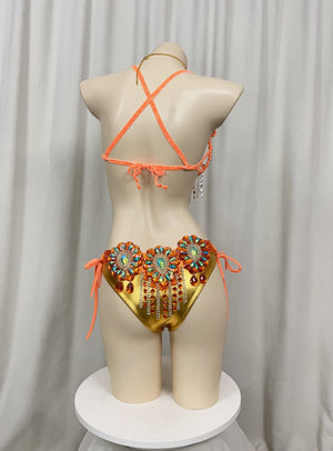 Bikini Set Women's Orange & Gold Rhinestone Embellished Fringe Carnival Dance Costume