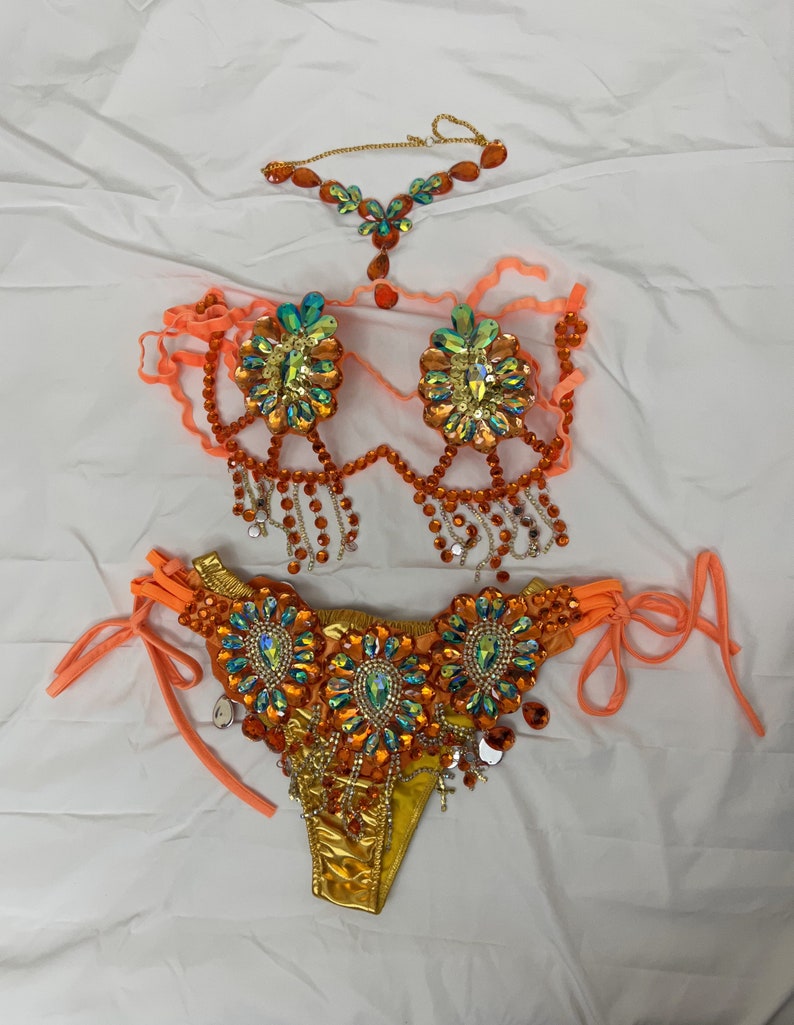 Bikini Set Women's Orange & Gold Rhinestone Embellished Fringe Carnival Dance Costume