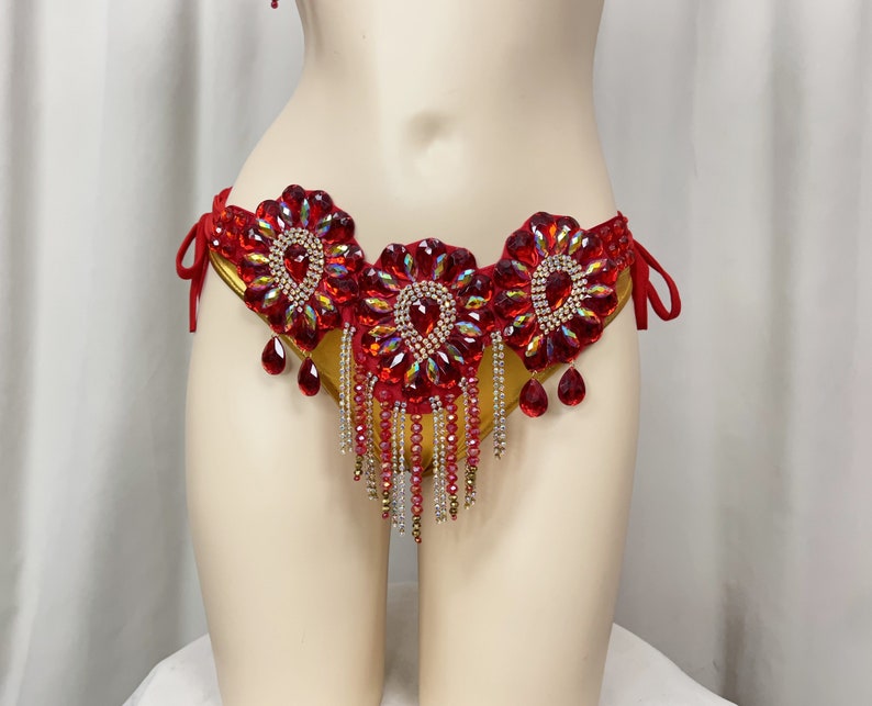 Belly Dance Costume Women's Red & Gold Beaded Crystal Rhinestone Halter Top & Hip Scarf Set, Tribal Fusion Dancewear
