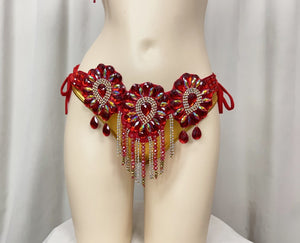 Belly Dance Costume Women's Red & Gold Beaded Crystal Rhinestone Halter Top & Hip Scarf Set, Tribal Fusion Dancewear