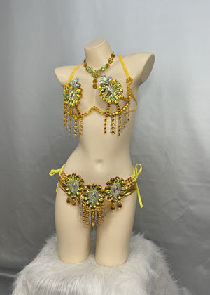 Belly Dance Costume, Women's Yellow & Gold Rhinestone Beaded Bra & Belt Set, Cabaret/Carnival Dancewear