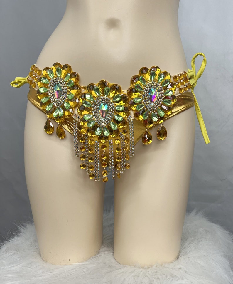 Belly Dance Costume, Women's Yellow & Gold Rhinestone Beaded Bra & Belt Set, Cabaret/Carnival Dancewear