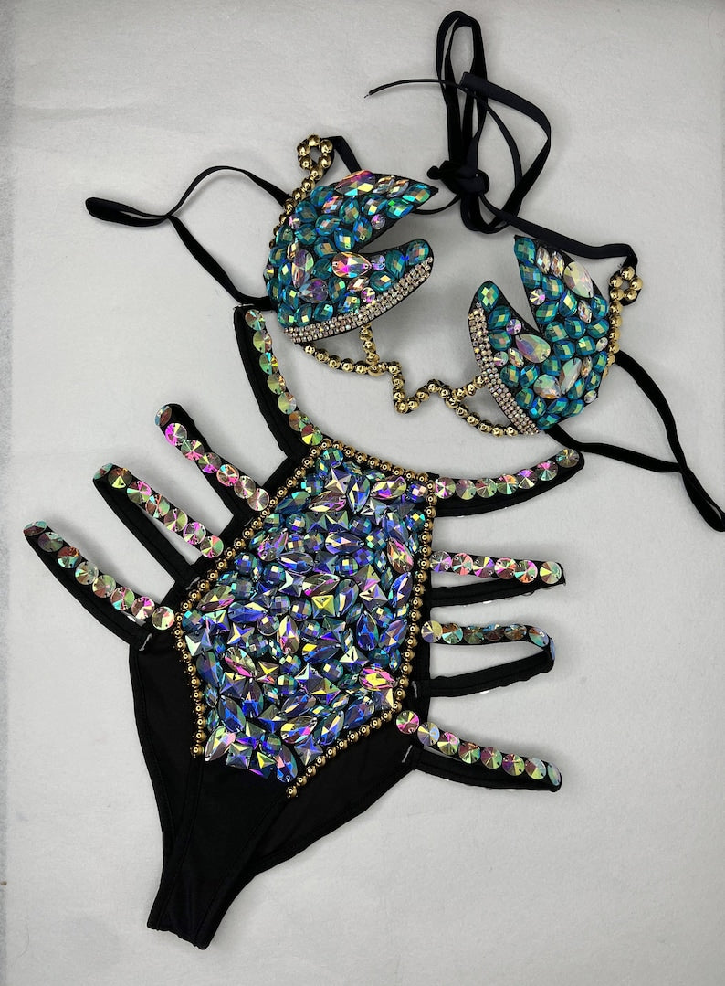 Rhinestone Embellished Black Lycra Women's Latin Dance Costume