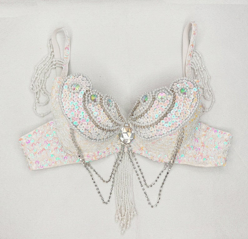 Women's White Iridescent Sequin Beaded Fringe Rhinestone Dance Bra Top