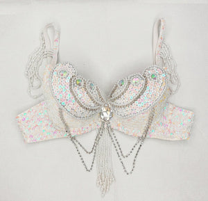 Women's White Iridescent Sequin Beaded Fringe Rhinestone Dance Bra Top