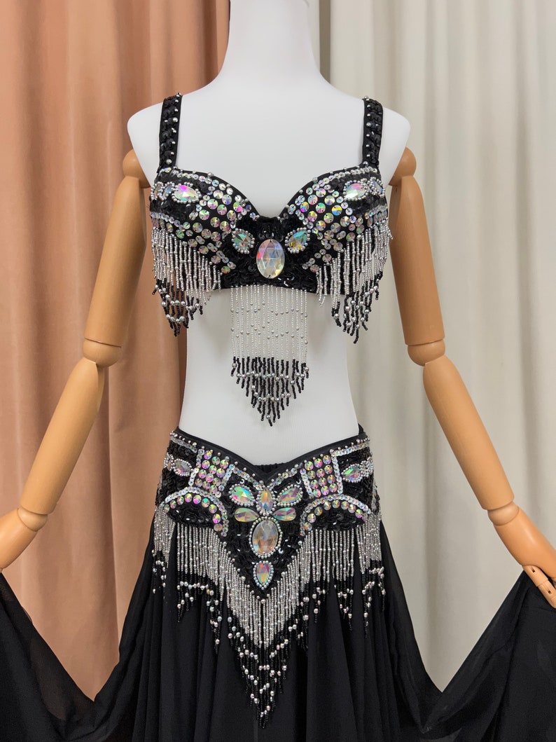 Belly Dance Costume Women Black Sequin Beaded Fringe Bra & Skirt Set Chiffon Performance Wear