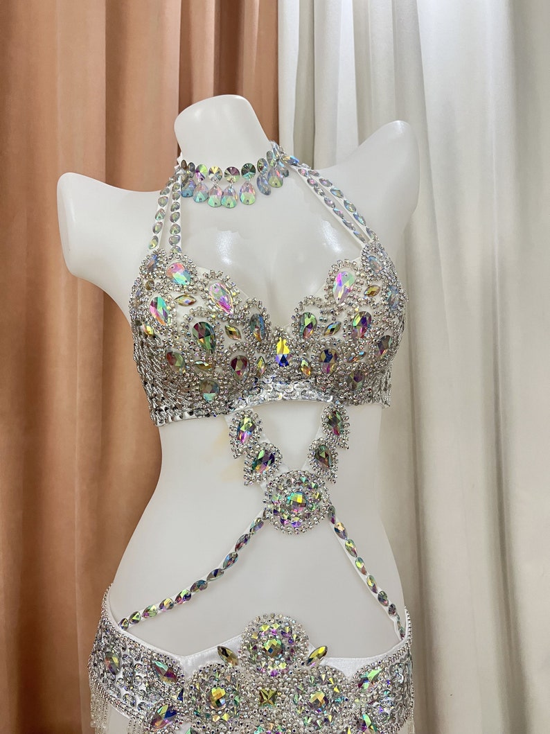 Belly Dance Costume Women's White Sequin Rhinestone Beaded Halter Bra Top and Belt Set with Fringe