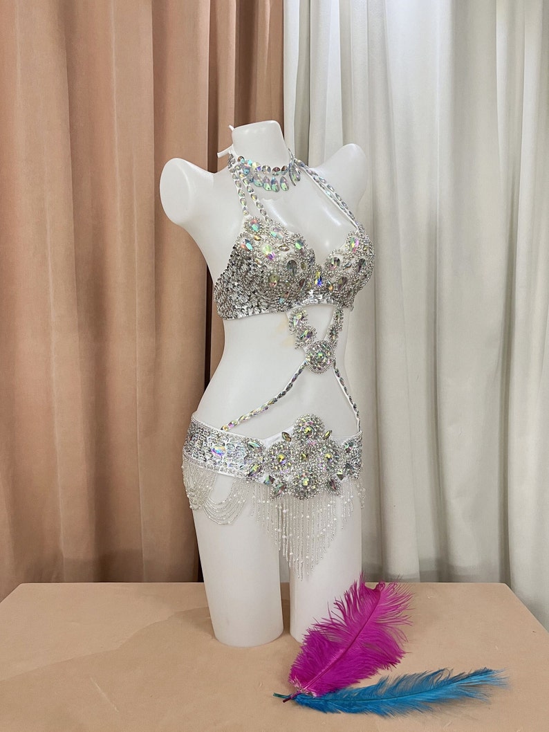 Belly Dance Costume Women's White Sequin Rhinestone Beaded Halter Bra Top and Belt Set with Fringe