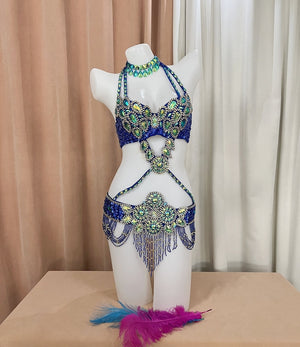Belly Dance Costume Womens Blue & Green Embellished Sequin & Bead Bra Top with Matching Hip Belt and Choker, Halter Style