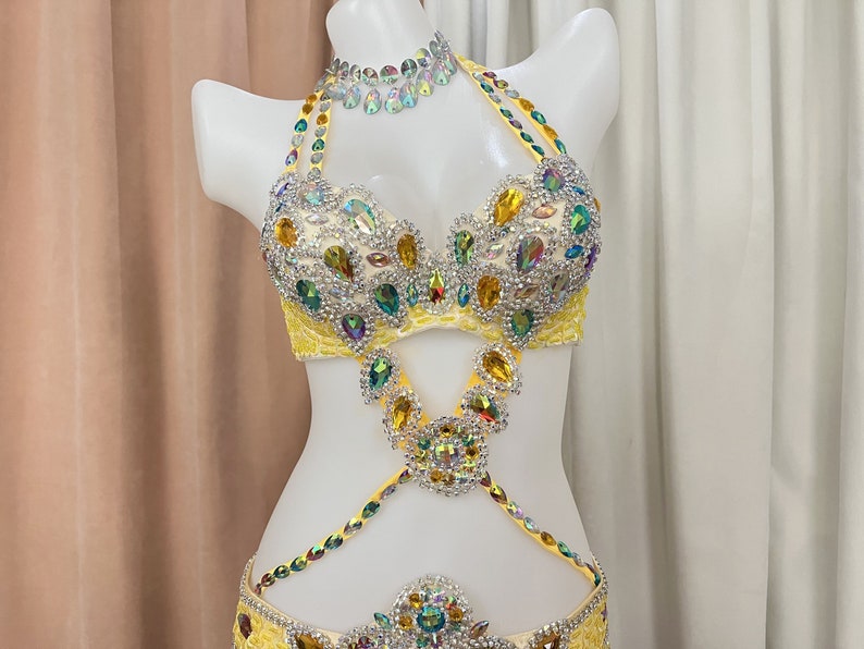 Belly Dance Costume, Women's Yellow Sequin & Rhinestone Embellished Halter Bra and Hip Scarf Set, Professional Performance Outfit