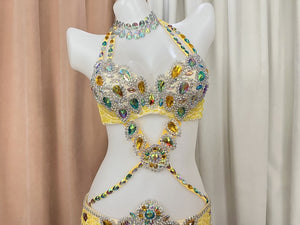 Belly Dance Costume, Women's Yellow Sequin & Rhinestone Embellished Halter Bra and Hip Scarf Set, Professional Performance Outfit
