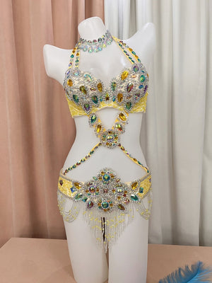 Belly Dance Costume, Women's Yellow Sequin & Rhinestone Embellished Halter Bra and Hip Scarf Set, Professional Performance Outfit
