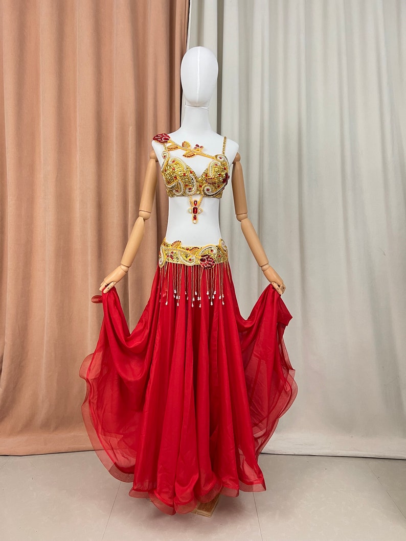 Belly Dance Costume Women Red Gold Sequin Beaded Bra Belt Skirt Set Chiffon Performance Outfit