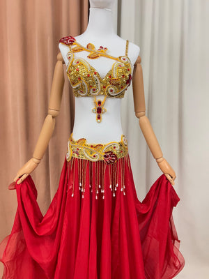 Belly Dance Costume Women Red Gold Sequin Beaded Bra Belt Skirt Set Chiffon Performance Outfit