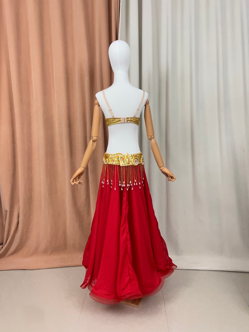 Belly Dance Costume Women Red Gold Sequin Beaded Bra Belt Skirt Set Chiffon Performance Outfit