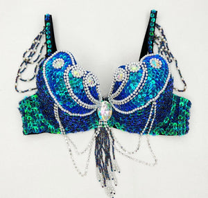 Women's White Iridescent Sequin Beaded Fringe Rhinestone Dance Bra Top