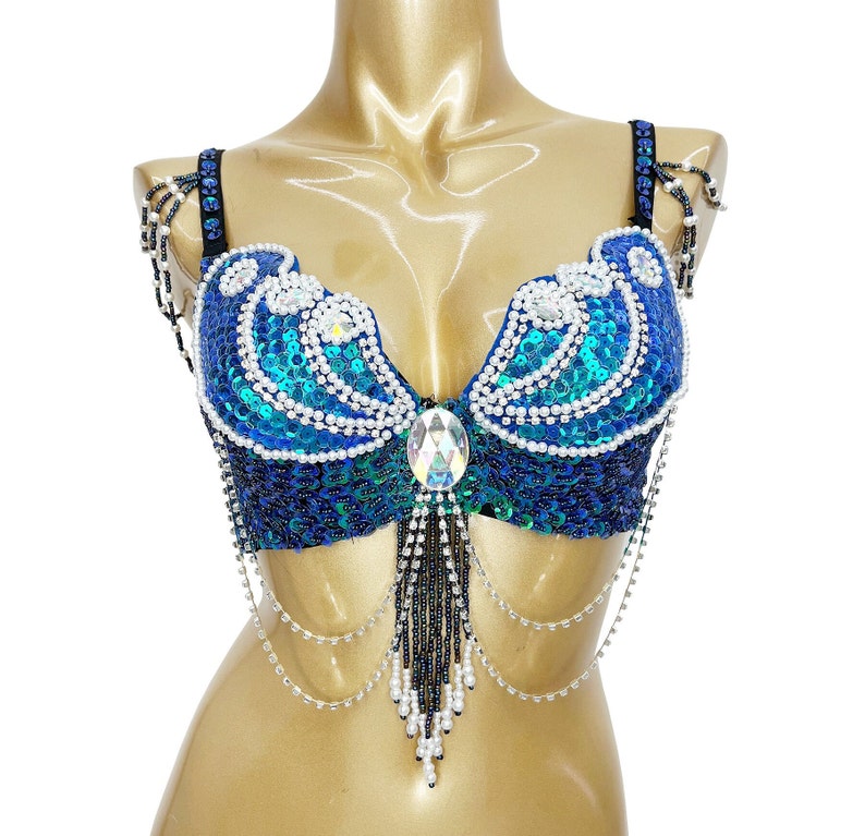 Women's White Iridescent Sequin Beaded Fringe Rhinestone Dance Bra Top