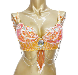 Women's White Iridescent Sequin Beaded Fringe Rhinestone Dance Bra Top