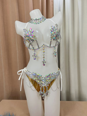 Belly Dance Costume, Women's White and Gold Sequin and Rhinestone Bra and Hip Scarf Set, Carnival Dance