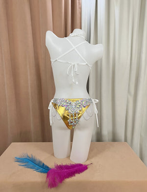 Belly Dance Costume, Women's White and Gold Sequin and Rhinestone Bra and Hip Scarf Set, Carnival Dance