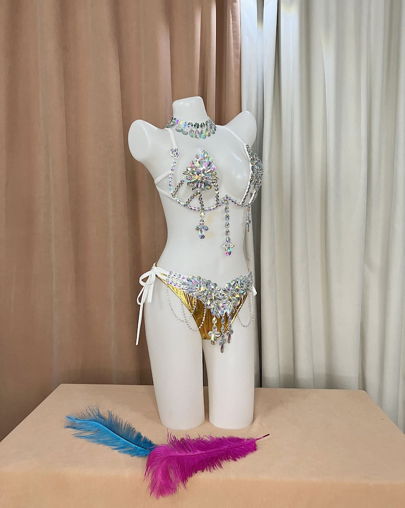 Belly Dance Costume, Women's White and Gold Sequin and Rhinestone Bra and Hip Scarf Set, Carnival Dance