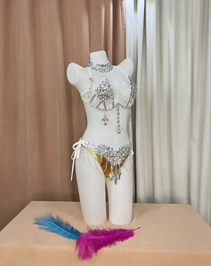 Belly Dance Costume, Women's White and Gold Sequin and Rhinestone Bra and Hip Scarf Set, Carnival Dance