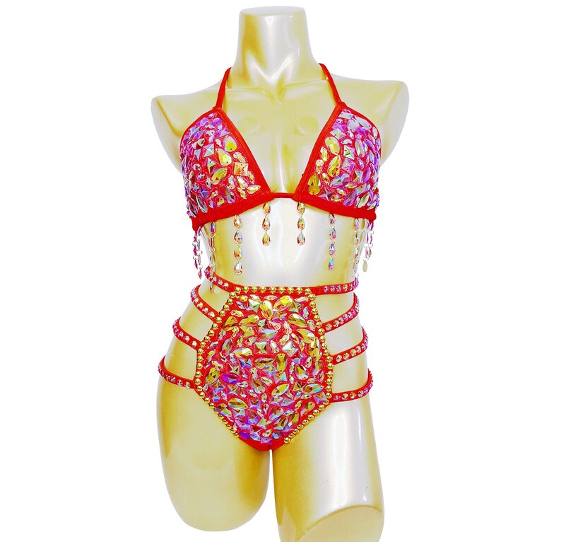 Women's Red Rhinestone Fringe Cutout Embellished Bikini Set, Latin Salsa Dancewear