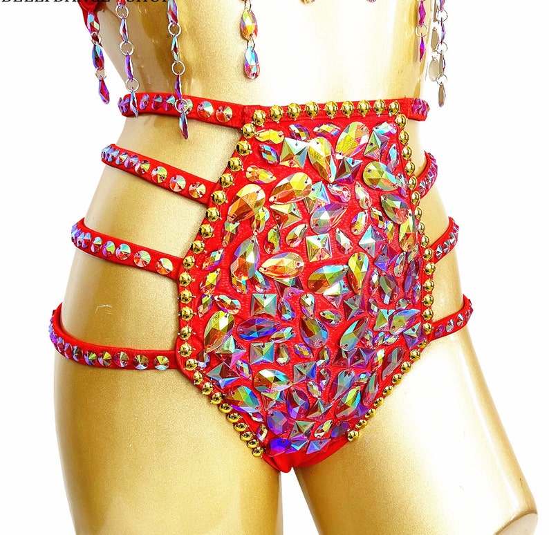 Women's Red Rhinestone Fringe Cutout Embellished Bikini Set, Latin Salsa Dancewear