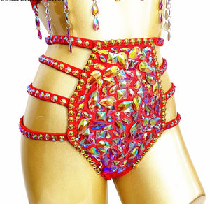 Women's Red Rhinestone Fringe Cutout Embellished Bikini Set, Latin Salsa Dancewear
