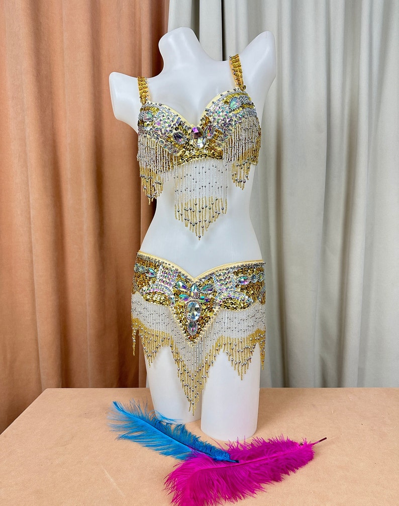 Belly Dance Bra and Belt Set, Women's Gold and Silver Sequin Beaded Fringe, Rhinestone Embellished, Performance Costume