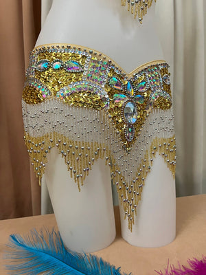 Belly Dance Bra and Belt Set, Women's Gold and Silver Sequin Beaded Fringe, Rhinestone Embellished, Performance Costume