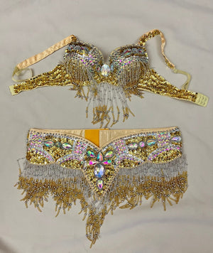 Belly Dance Bra and Belt Set, Women's Gold and Silver Sequin Beaded Fringe, Rhinestone Embellished, Performance Costume