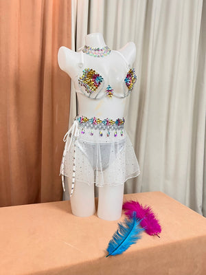 Women's White Iridescent Gemstone Embellished Bra Top & Sheer Skirt Set - Samba Dancewear