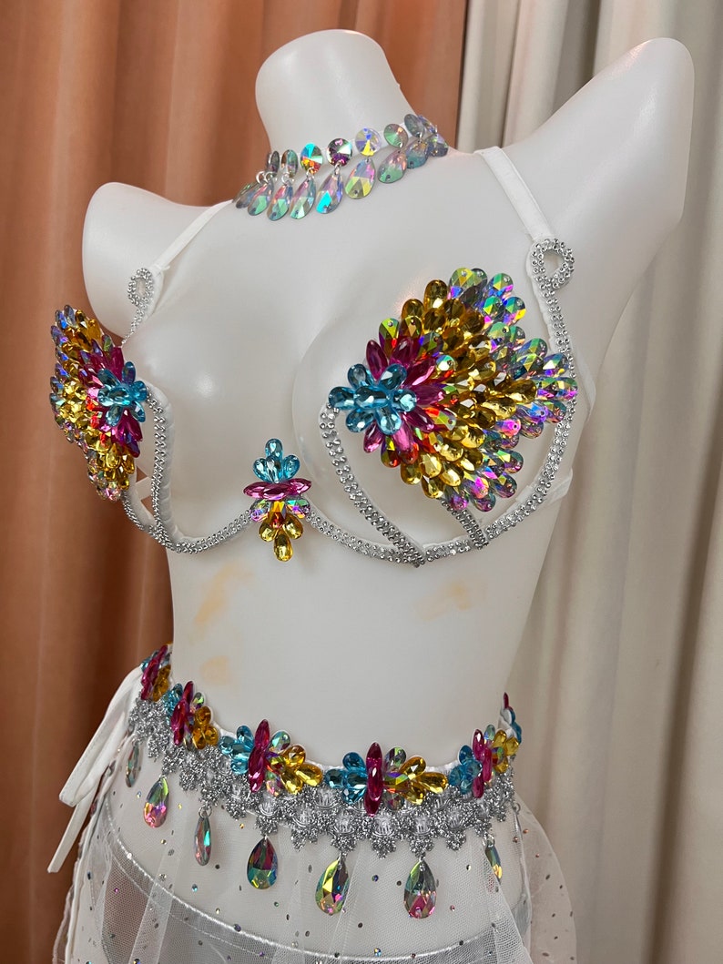 Women's White Iridescent Gemstone Embellished Bra Top & Sheer Skirt Set - Samba Dancewear