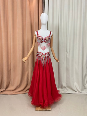 Belly Dance Costume Women Yellow Sequin Beaded Fringe Bra & Chiffon Skirt Set