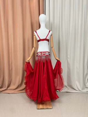 Belly Dance Costume Women Yellow Sequin Beaded Fringe Bra & Chiffon Skirt Set