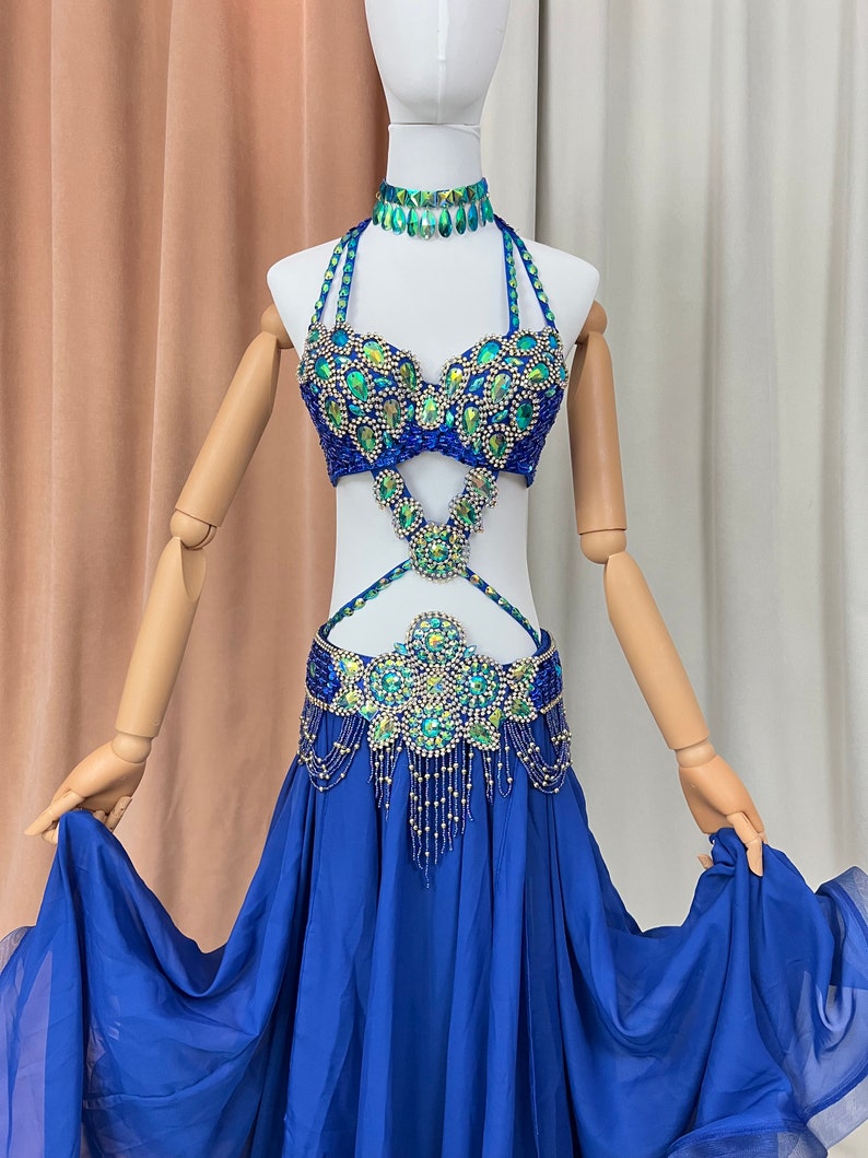 Women's Royal Blue Sequin & Bead Embellished Halter Neck Belly Dance Costume with Chiffon Skirt