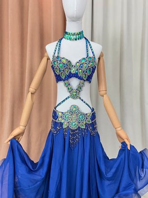 Women's Royal Blue Sequin & Bead Embellished Halter Neck Belly Dance Costume with Chiffon Skirt