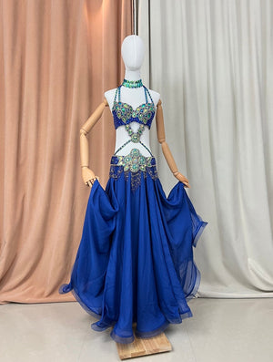 Women's Royal Blue Sequin & Bead Embellished Halter Neck Belly Dance Costume with Chiffon Skirt